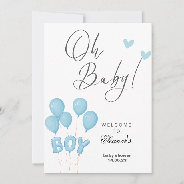 Oh boy modern eucalyptus blue balloons baby shower invitation (Front)