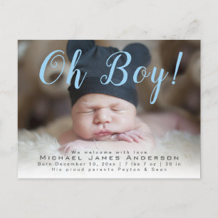 Oh Boy! Modern Script Baby Boy Photo Birth Announcement Postcard