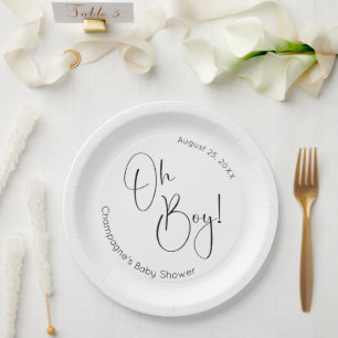 Oh Boy Modern Script Baby Shower Paper Plate