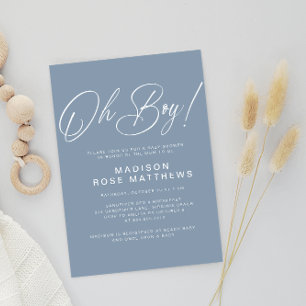 Oh Boy Modern Script Dusty Blue Baby Shower  Invitation