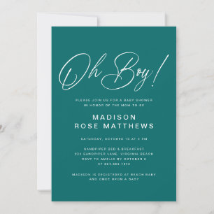 Oh Boy Modern Script Teal  Baby Shower   Invitation