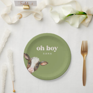 Oh Boy Moss Green Baby Shower Paper Plate