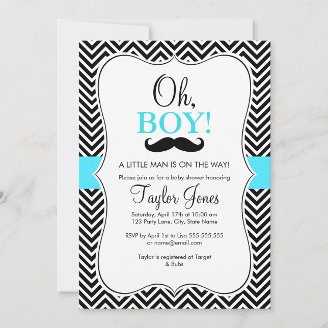 Oh Boy Moustache Baby Shower Invitation / Blue (Front)