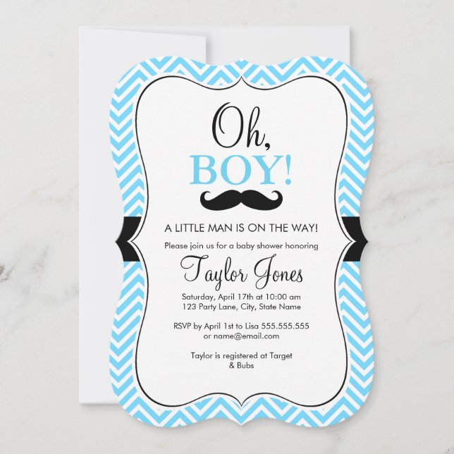 Oh Boy Moustache Baby Shower Invite / Blue & Black (Front)