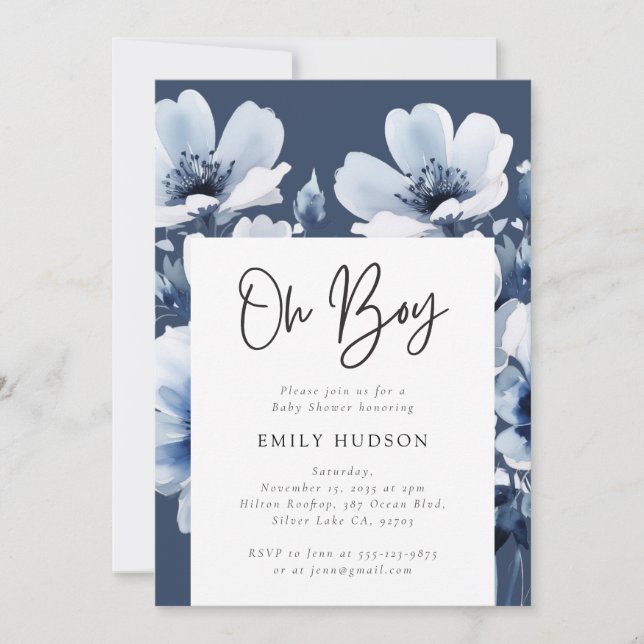 Oh Boy Navy Blue Floral Baby Shower Invitation (Front)