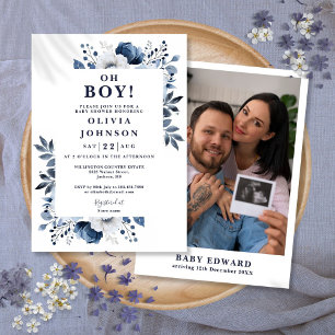 Oh Boy Navy Blue Floral Photo Baby Shower Invitation
