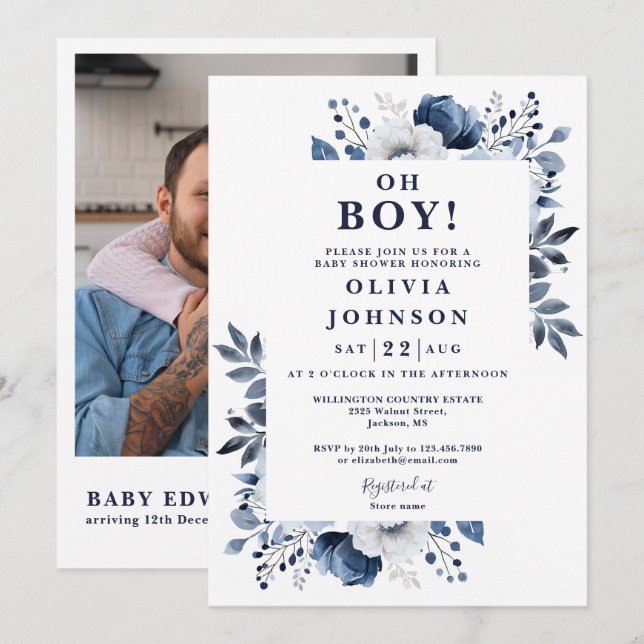 Oh Boy Navy Blue Floral Photo QR Baby Shower Invitation (Front/Back)