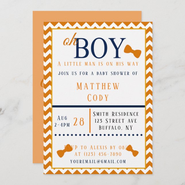 Oh Boy Orange and Blue Baby Shower  Invitation (Front/Back)