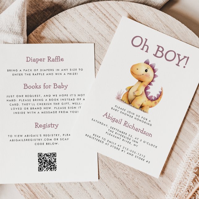 Oh Boy Orange Purple Dinosaur QR Code Baby Shower Invitation (Creator Uploaded)