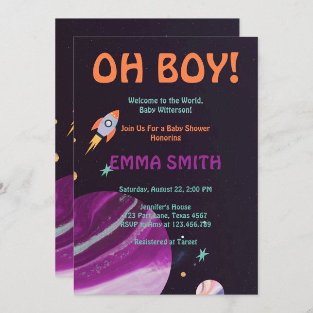Oh Boy Planets Outer Space Baby Shower Invitation (Front/Back)