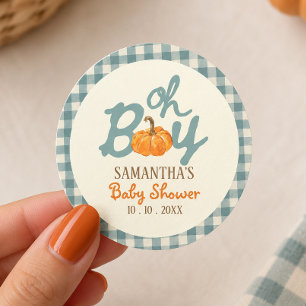 Oh boy pumpkin blue gingham baby shower classic round sticker