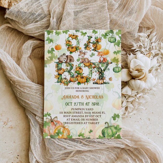 Oh Boy Pumpkin & Woodland Animals Fall Baby Shower Invitation (Creator Uploaded)