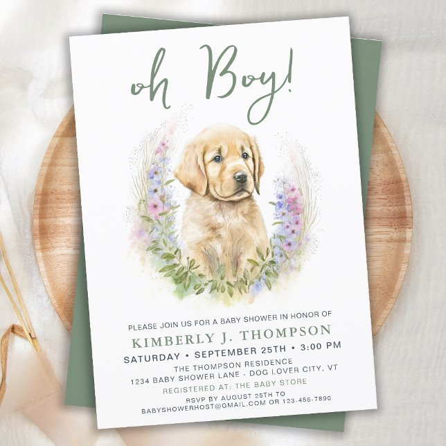 Oh Boy Puppy Dog Modern Sage Green Baby Shower Invitation (Creator Uploaded)