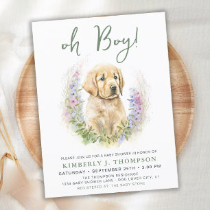 Oh Boy Puppy Dog Modern Sage Green Baby Shower Invitation Postcard