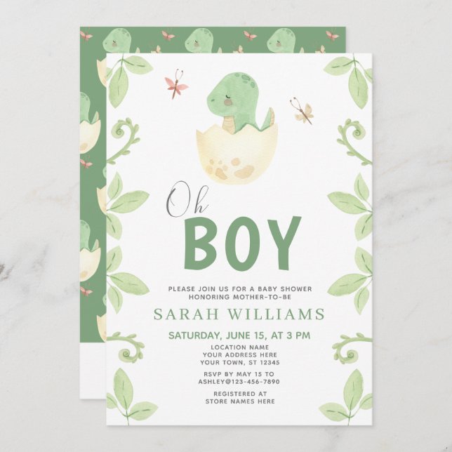 Oh Boy QR Code Cute Green Dinosaur Baby Shower Invitation (Front/Back)