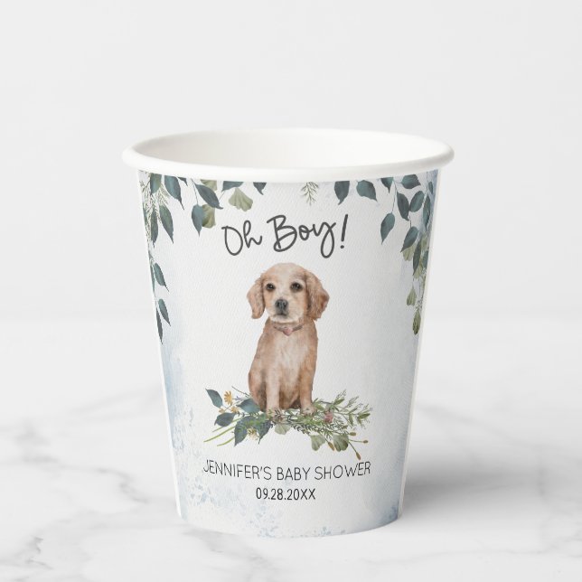 Oh Boy! Retriever Puppy Watercolor Baby Shower Paper Cups (Front)