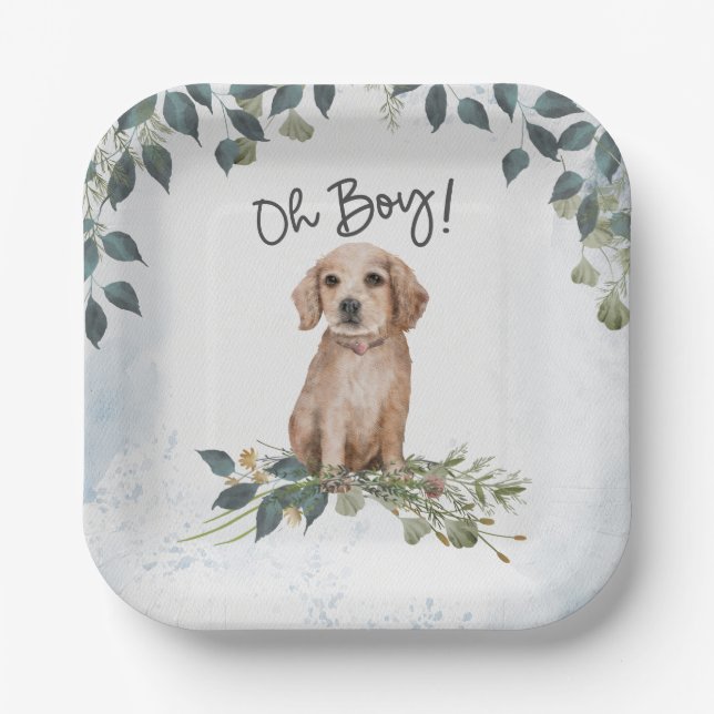 Oh Boy! Retriever Puppy Watercolor Baby Shower Paper Plate (Front)