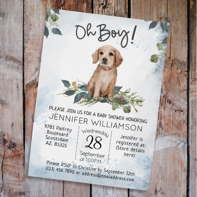Oh Boy! Retriever Puppy Watercolor Dog Baby Shower Invitation (Oh Boy! Puppy Dog Baby Shower Retriever  Watercolor)