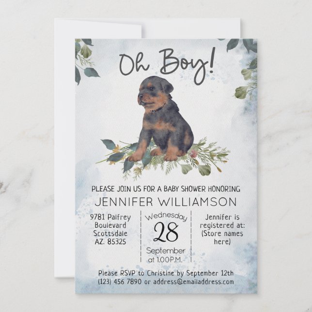 Oh Boy! Rottweiler Pup Watercolor Baby Shower  Invitation (Front)