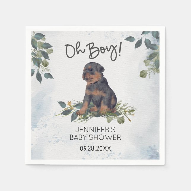 Oh Boy! Rottweiler Puppy Watercolor Baby Shower Napkin (Front)