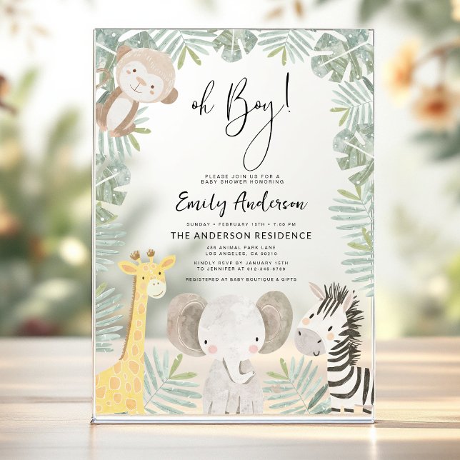 Oh Boy Safari Animal Boy's Baby Shower Acrylic Invitations (Creator Uploaded)