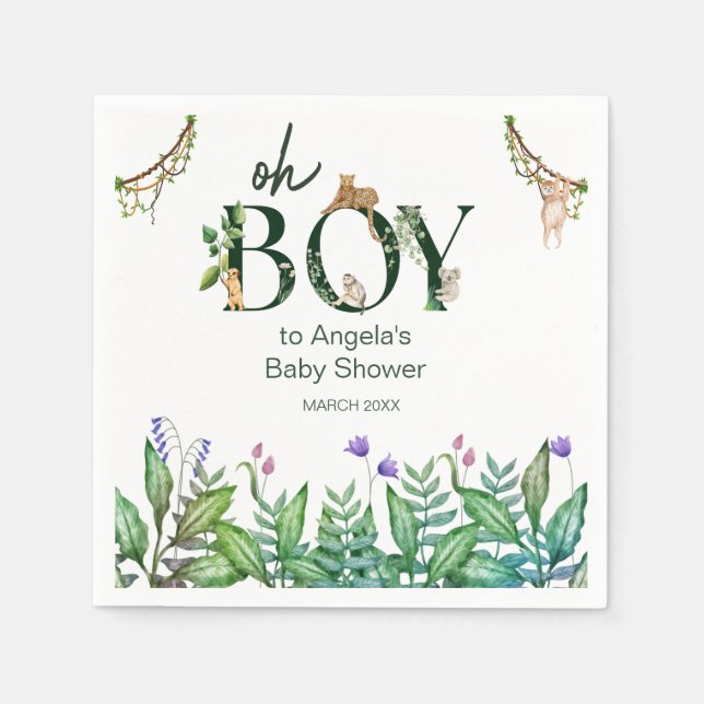 Oh boy Safari Animal Jungle Green Baby Shower Napkin (Front)