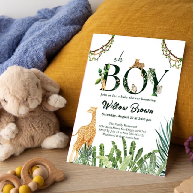 Oh Boy Safari Animal Jungle Greenery Baby Shower Invitation (Creator Uploaded)