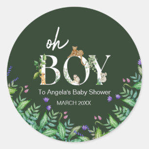Oh boy Safari Animal Jungle White Baby Shower Classic Round Sticker