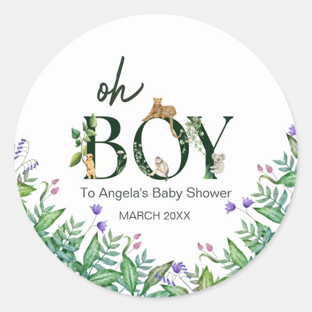 Oh boy Safari Animal Jungle White Baby Shower Classic Round Sticker (Front)