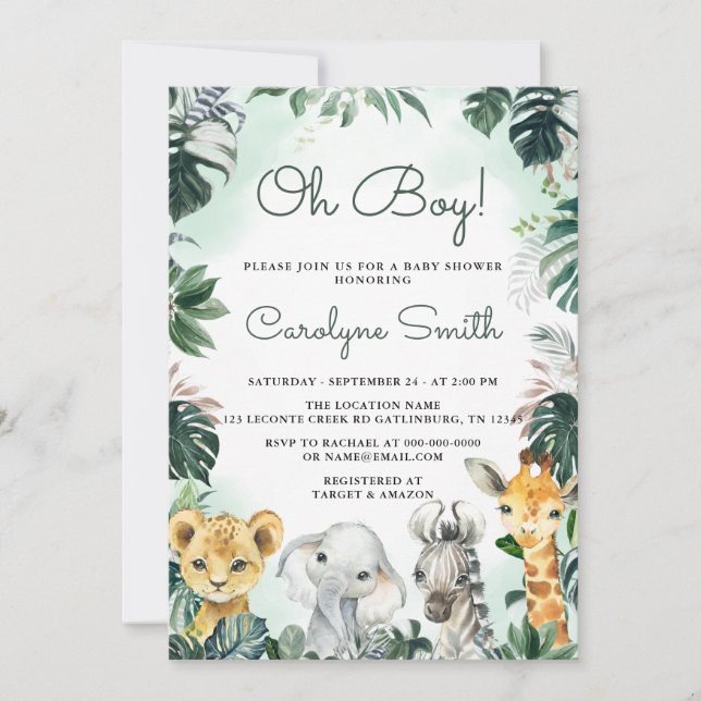 Oh Boy Safari Animals Baby Shower Invitation (Front)