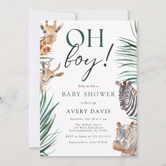 Oh Boy Safari Animals Baby Shower  Invitation (Front)