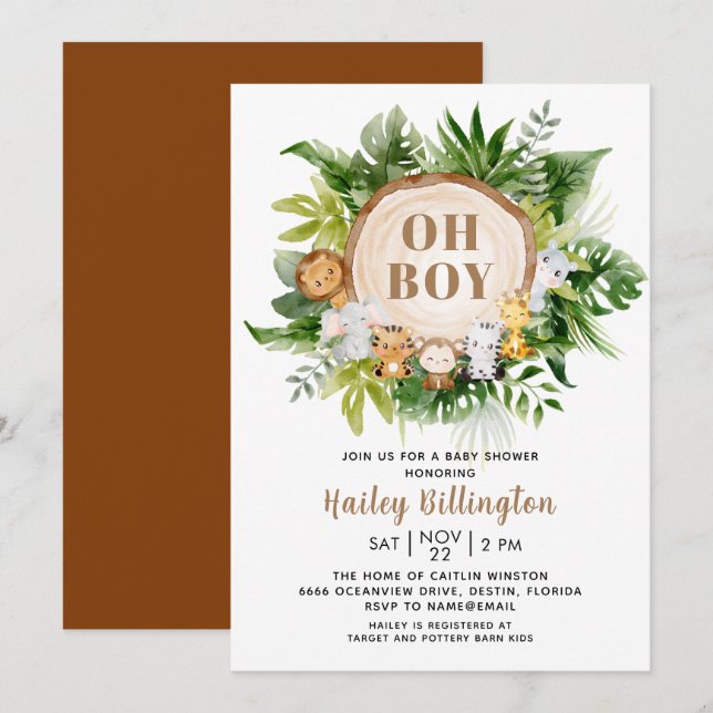 Oh Boy Safari Jungle Watercolor Baby Shower Invitation (Front/Back)