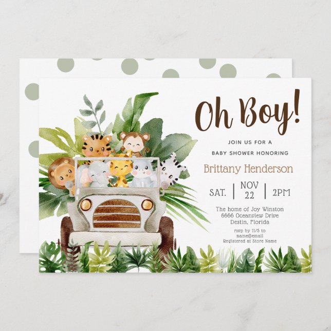Oh Boy Safari Jungle Zoo Animals Boy Baby Shower I Invitation (Front/Back)