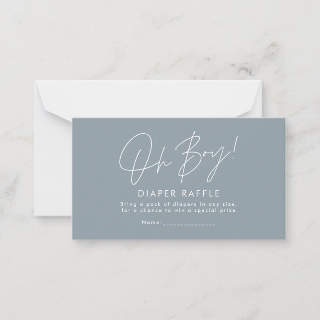 oh boy script blue baby shower diaper raffle card (Front)