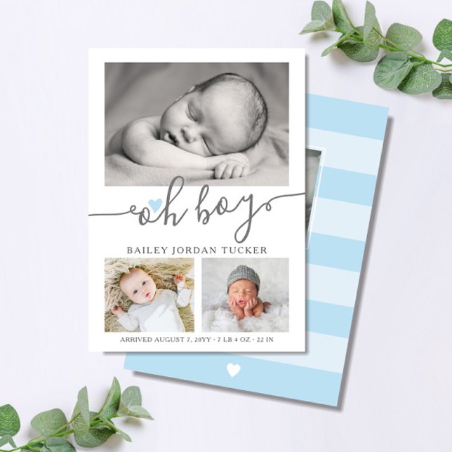 Oh Boy Script Blue Heart Collage Photo Birth Announcement (Creator Uploaded)