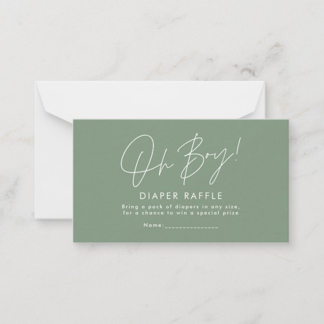 oh boy script green baby shower diaper raffle card (Front)