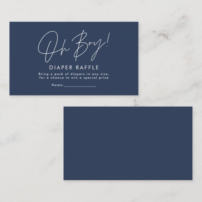 oh boy script navy blue baby shower diaper raffle card (Front/Back)