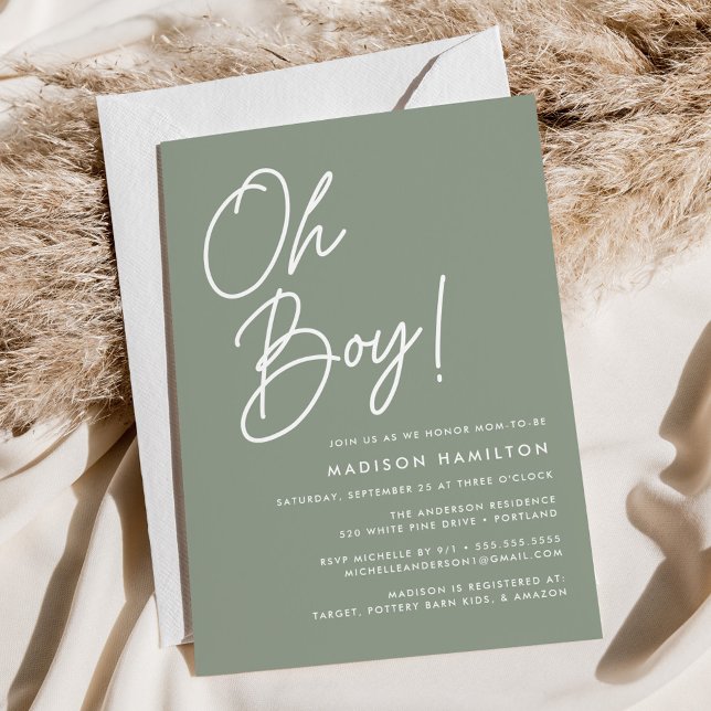 Oh Boy Script Sage Green Minimalist Baby Shower Invitation (Creator Uploaded)