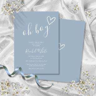 Oh Boy Shower Heart Dusty Blue Minimalist Invitation