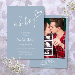 Oh Boy Shower Heart Dusty Blue Minimalist Photo Invitation