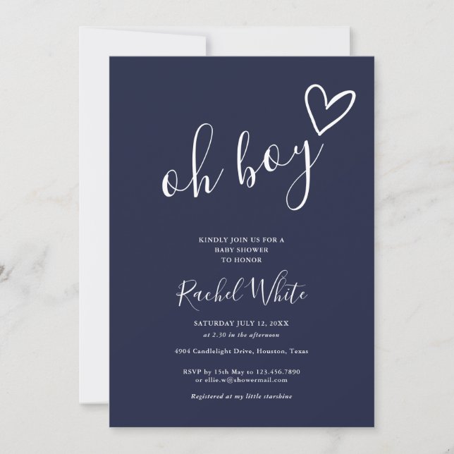Oh Boy Shower Heart Navy Blue Minimalist Invitation (Front)