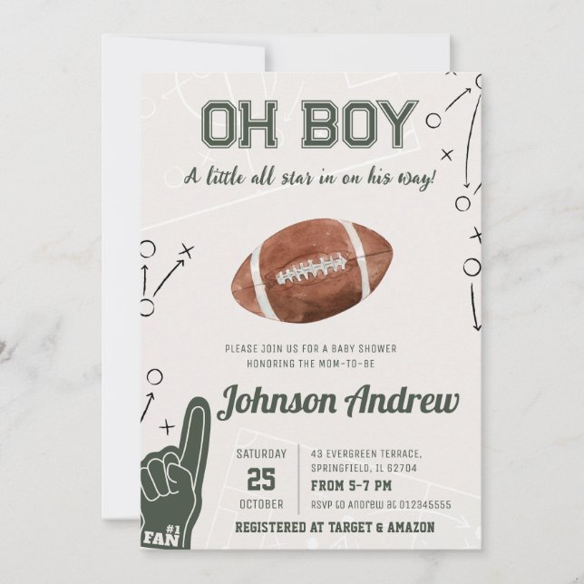 Oh Boy Sports Football Baby Shower Invitation (Front)