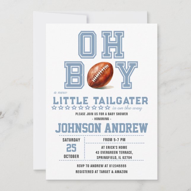 Oh Boy Sports Minimalist Football Baby Shower Invitation (Front)
