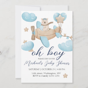 Oh Boy Teddy Bear Aeroplane Baby Shower Invitation