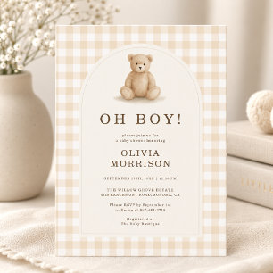 Oh Boy Teddy Bear Beige Gingham Baby Shower Invitation
