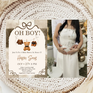 Oh Boy Teddy Bear Beige Gingham Baby Shower Photo Invitation