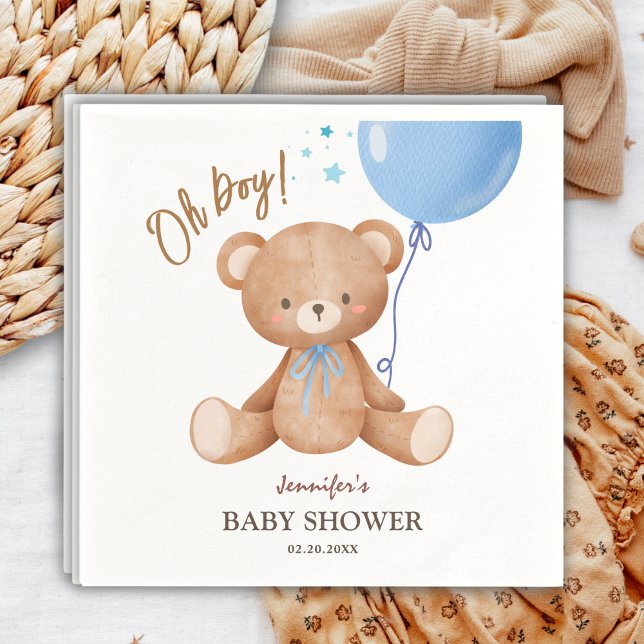 Oh Boy | Teddy Bear Blue Balloon Baby Shower  Napkin (Creator Uploaded)