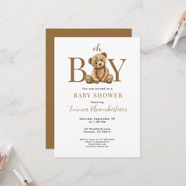 Oh Boy Teddy Bear Boy Baby Shower Invitation (Front/Back In Situ)