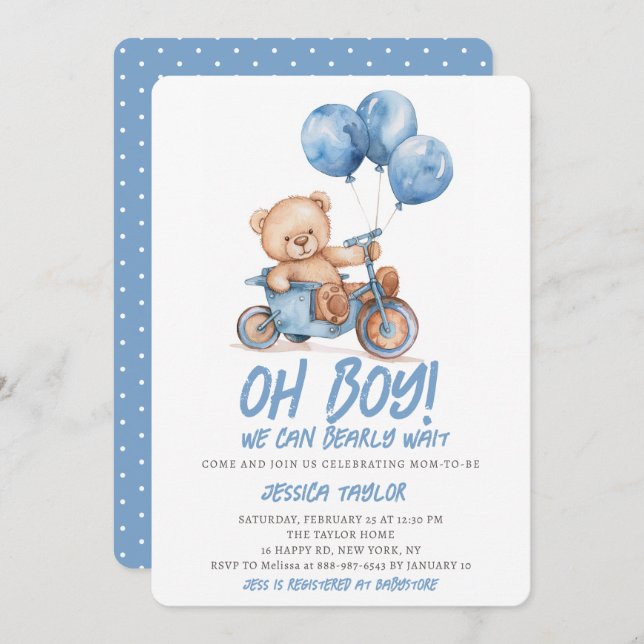 Oh Boy Teddy Bear Boy Blue Bearly Wait Baby Shower Invitation (Front/Back)