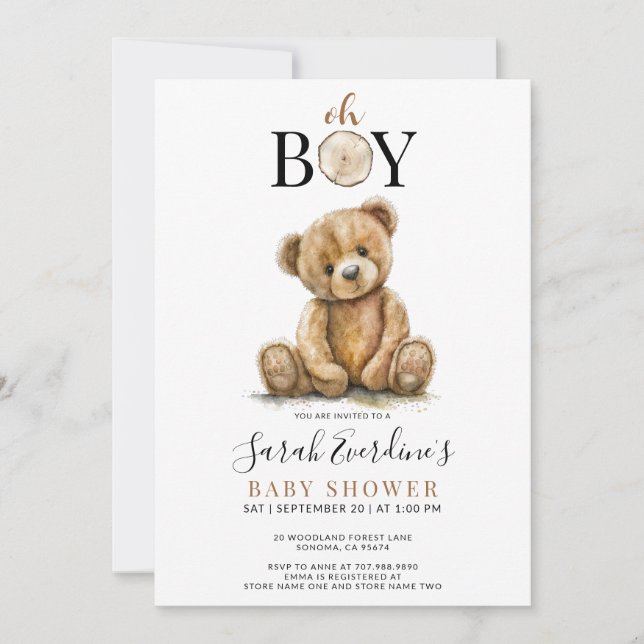 Oh Boy Teddy Bear Watercolor Baby Shower  Invitation (Front)